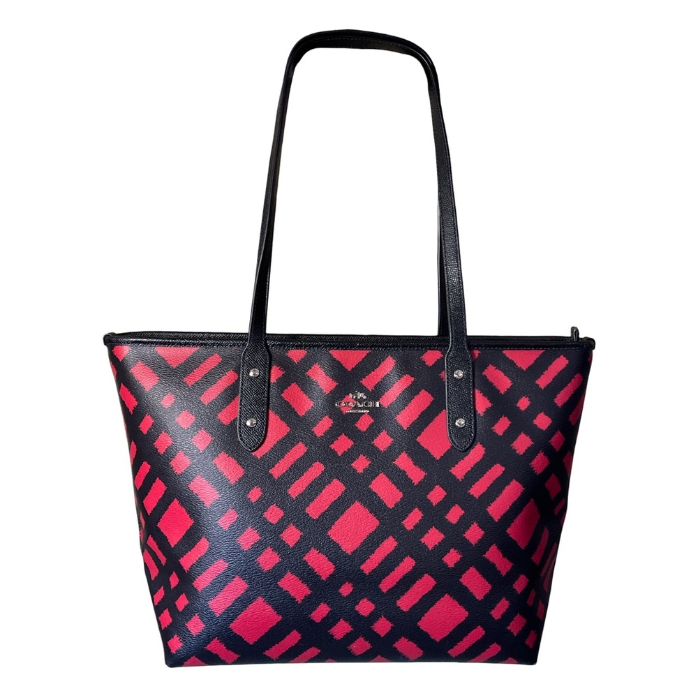 Coach City Tote in Red & Black Buffalo Plaid Canvas